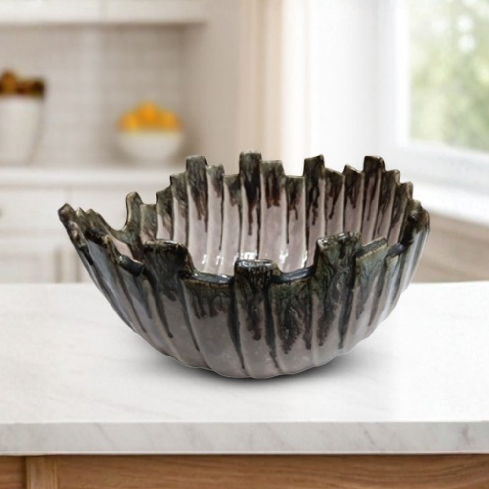 grey edged ribbed ceramic serving bowl round shape for dining and decorative use durable glazed finish